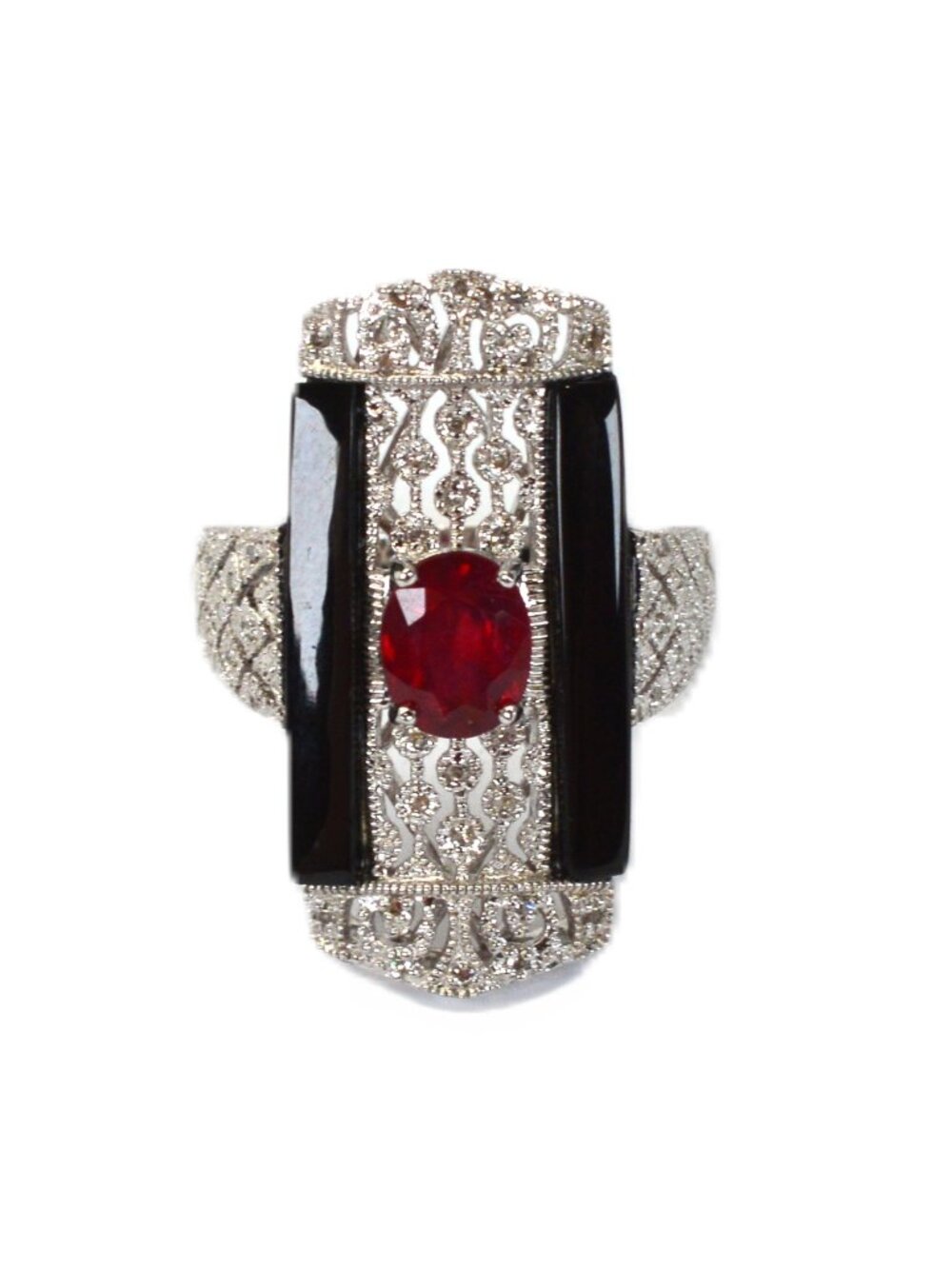 Rarities Carol Brodie Art Deco Sterling Silver Ruby Black Onyx Pave Diamond Ring
